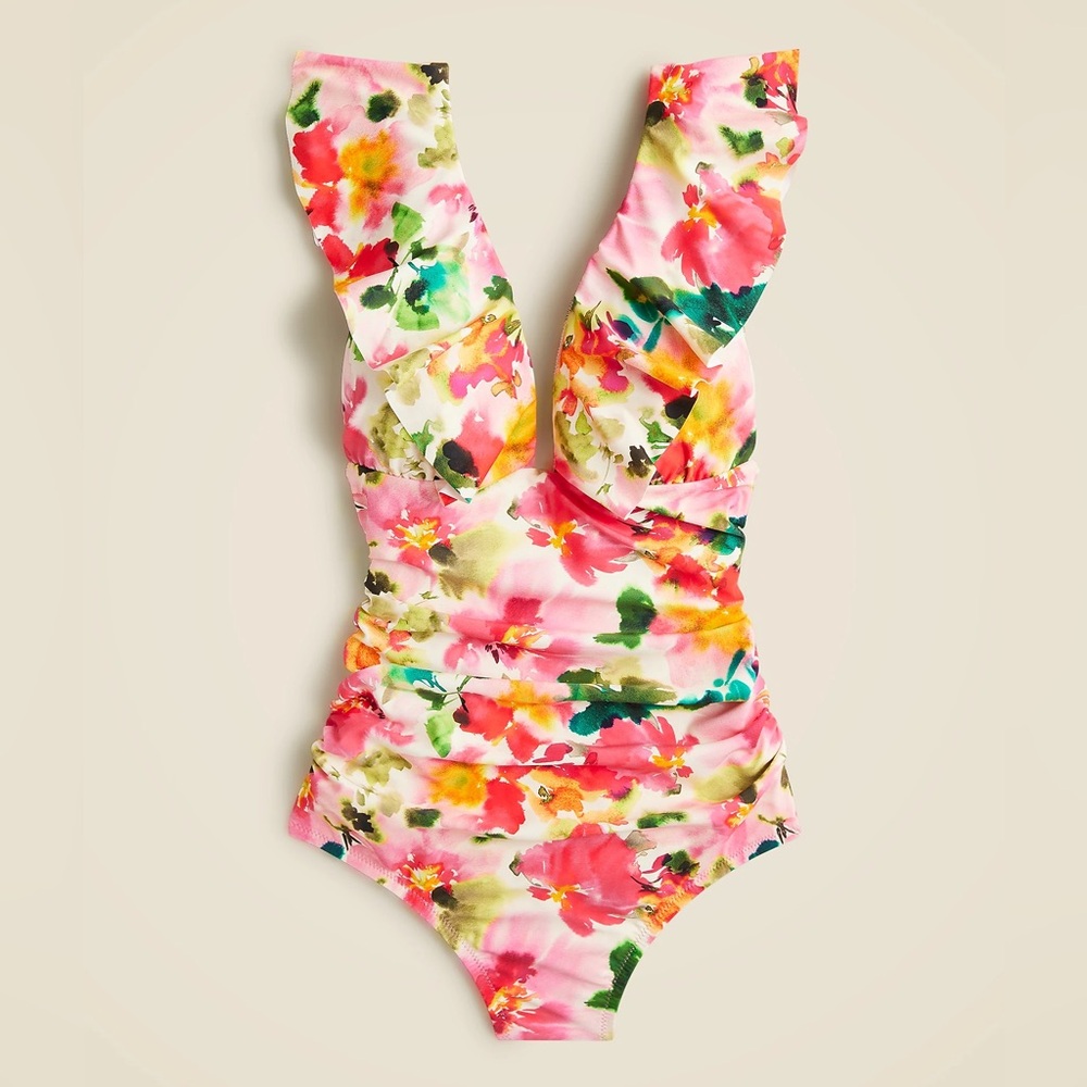 J. Crew Ruched ruffle one-piece swimsuit in floral